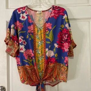Umgee Multicolor Floral Tie-Front Blouse